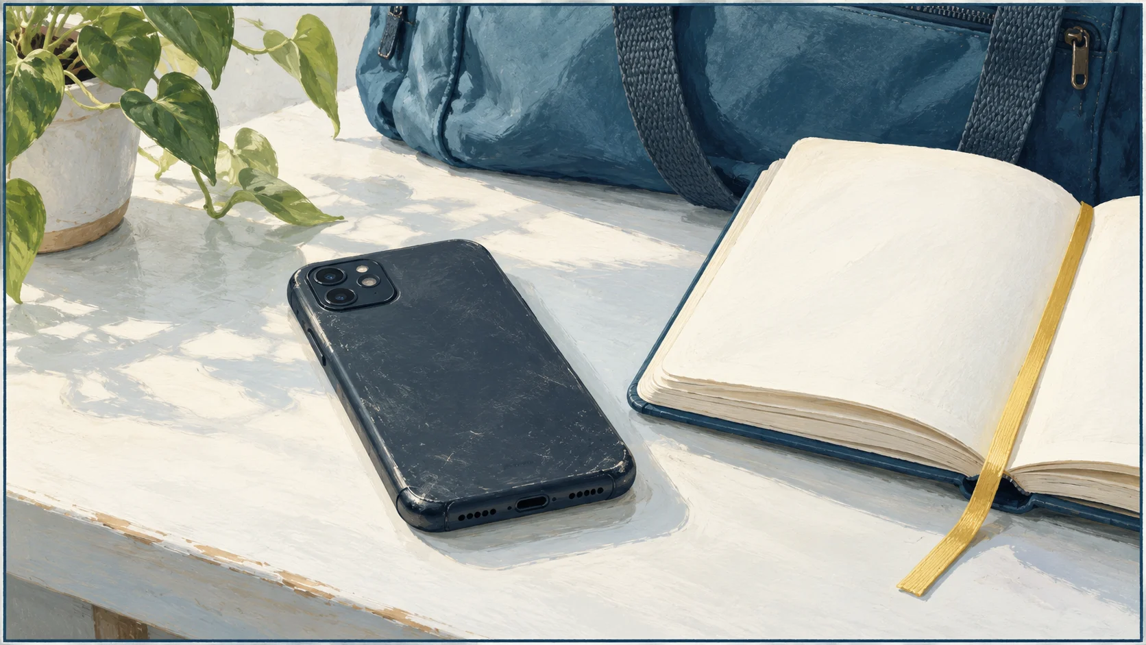 Illustration of a face-down phone beside an open notebook and blue travel bag.